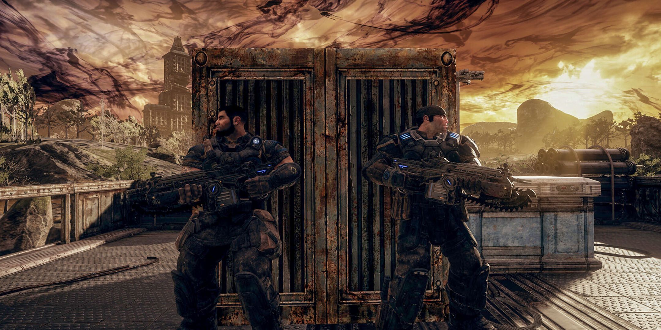 Gears of War characters taking cover behind a container.